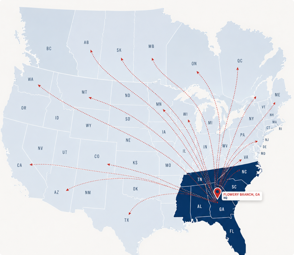 Coverage map — Atlantic Expedited lanes from Georgia across the US and Canada