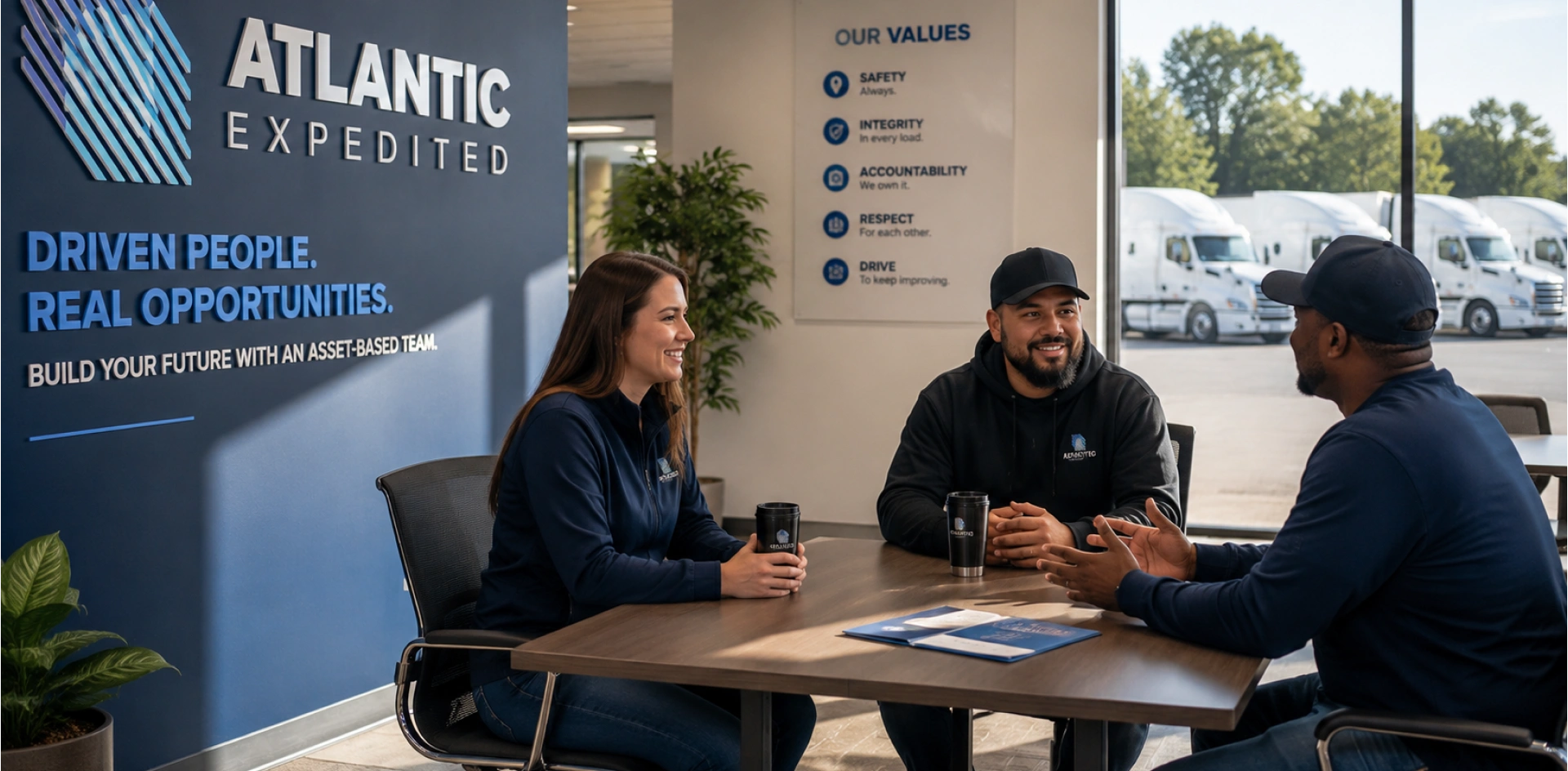Atlantic Expedited office team talking at the Atlantic Expedited headquarters
