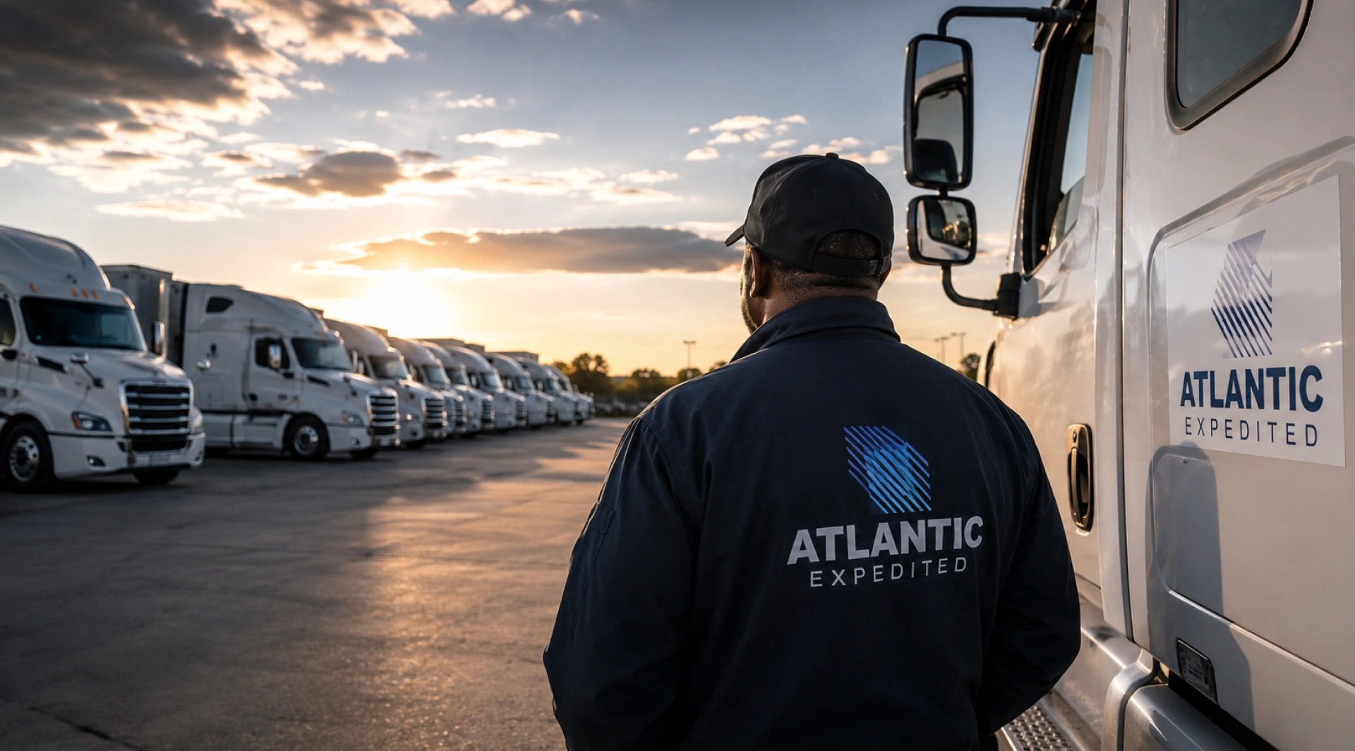 Atlantic Expedited driver standing by the company fleet at sunset