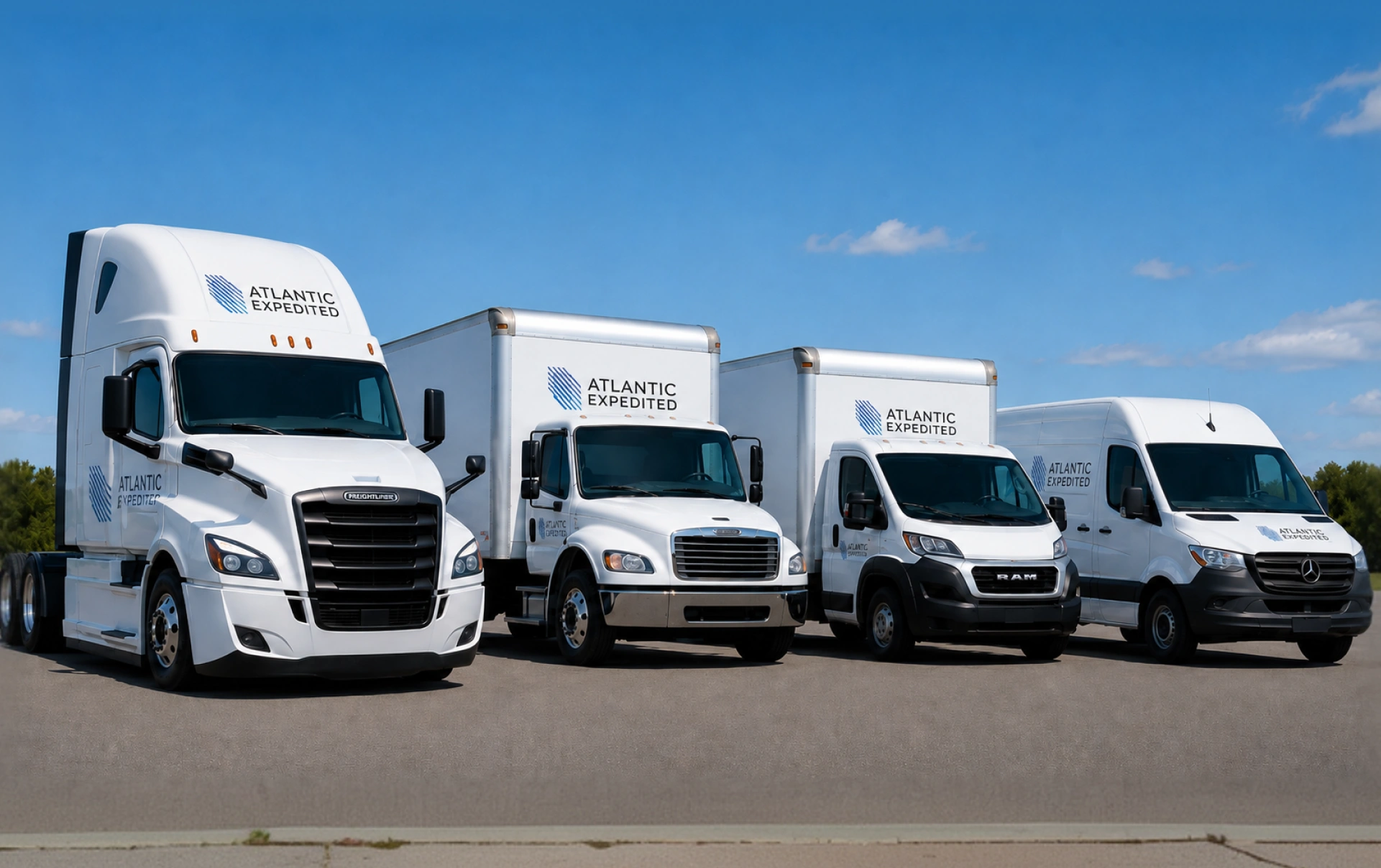 Atlantic Expedited fleet — semi truck, box trucks, and cargo vans lined up